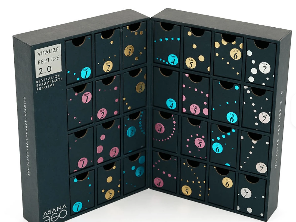 Double-Sided Book-Fold Advent Calendar Box with Foil-Stamped Drawers
