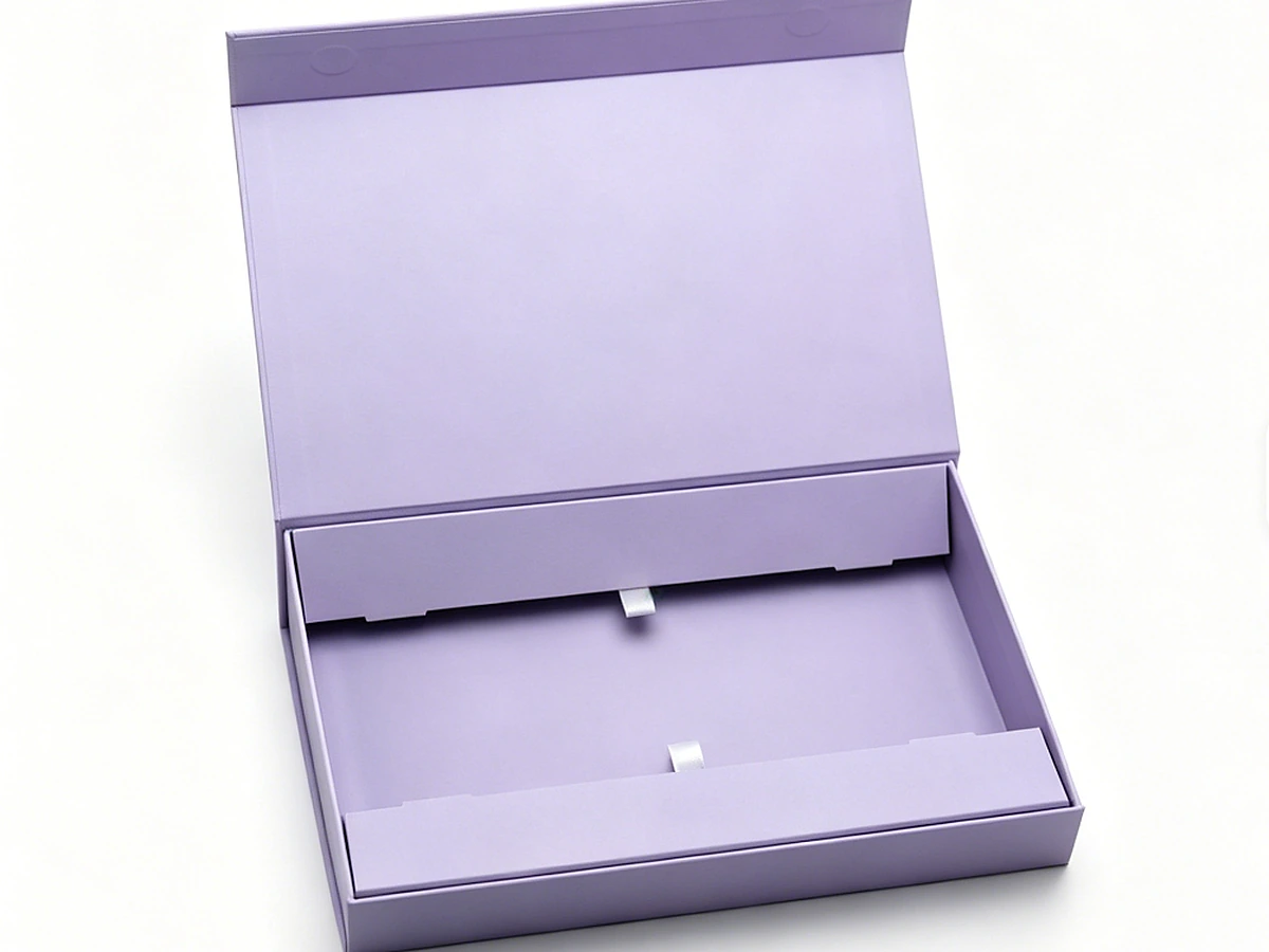 Flat-Fold Lavender Flip-Top Box with Ribbon Pull