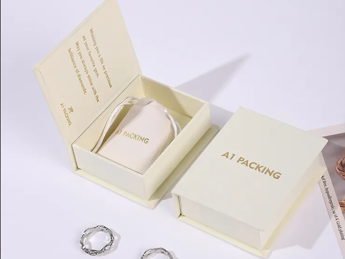 Luxury Book-Shaped Jewelry Gift Box with Gold Foil Logo and Velvet Pouch
