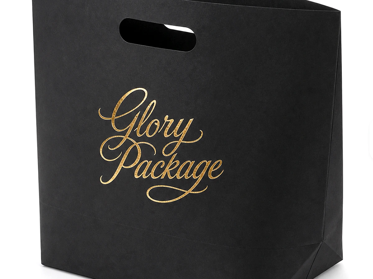 Black Specialty Paper Shopping Bag with Die-Cut Handle and Gold Foil Logo